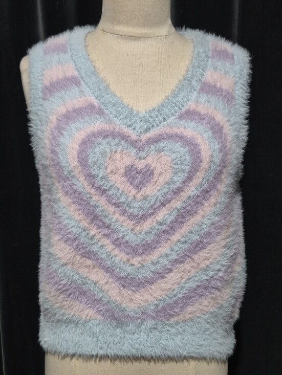 Sweet Society Tops - Fuzzy Heart-Stripe V-Neck Sweater Vest in Pastel (Box C)